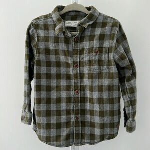 ZARA gingham plaid button down shirt green gray 2/3 years